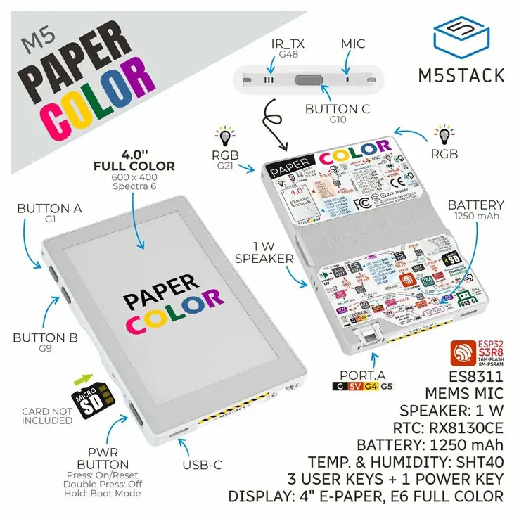 M5Paper Color ESP32S3 Dev Kit with 4-inch E Ink Spectra display
