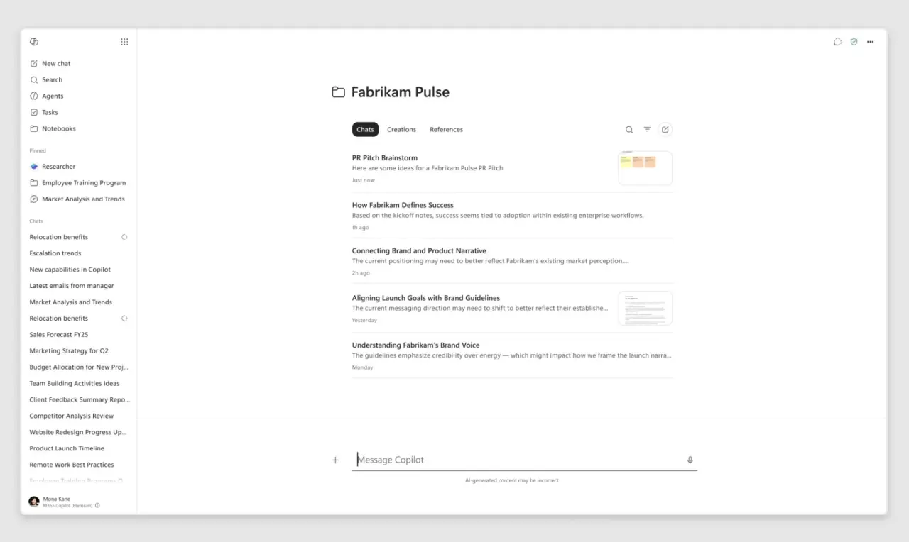 Microsoft 365 Copilot Notebooks interface showing new features