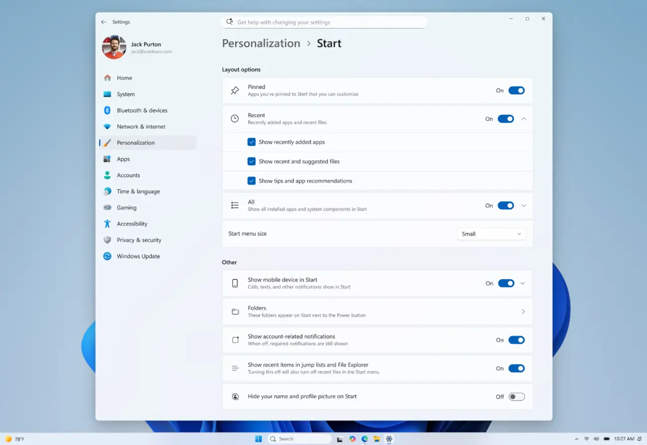 Windows 11 Start menu customization options from Microsoft