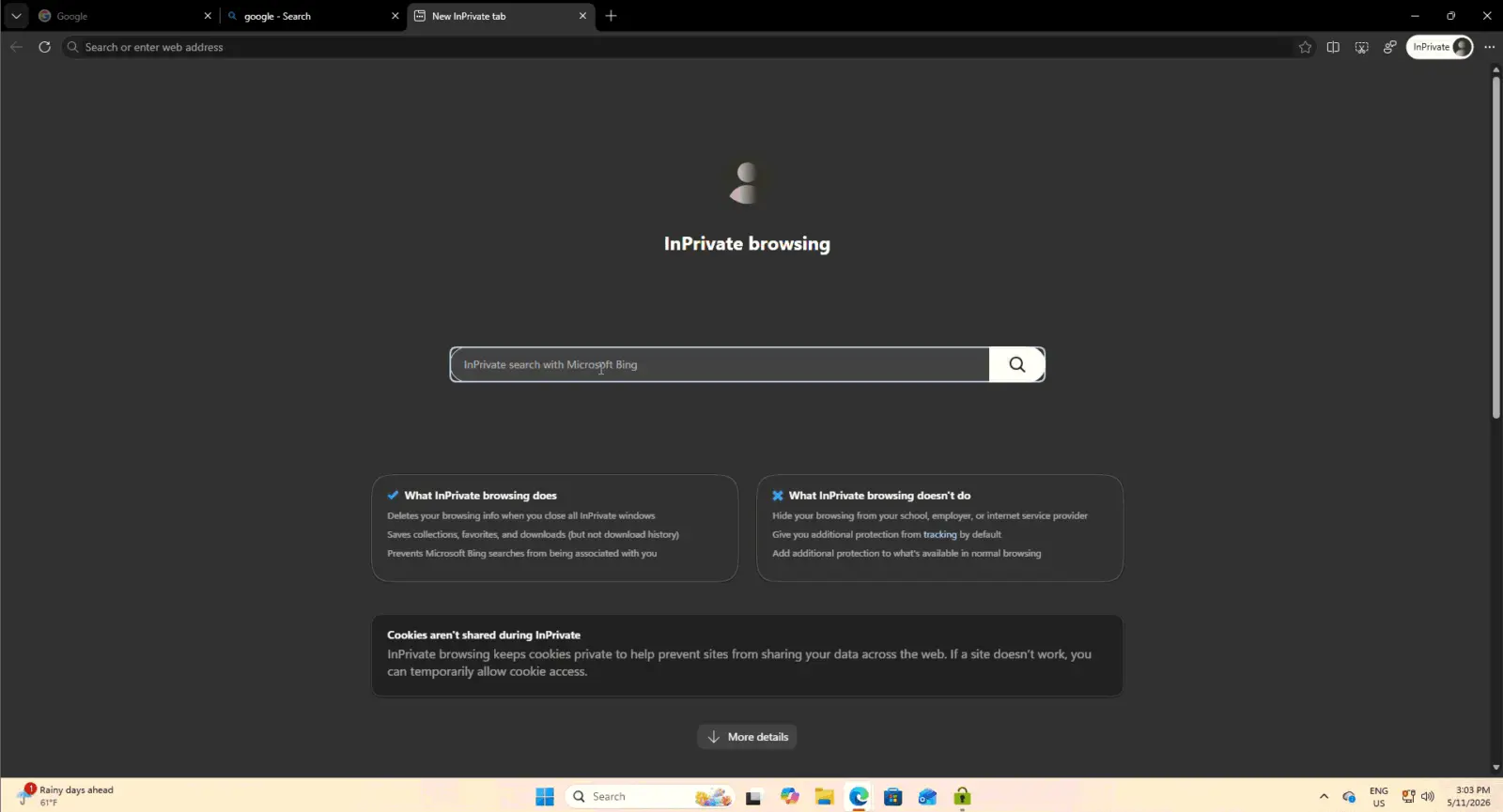 Microsoft Edge address bar showing Bing search mimicking Google homepage