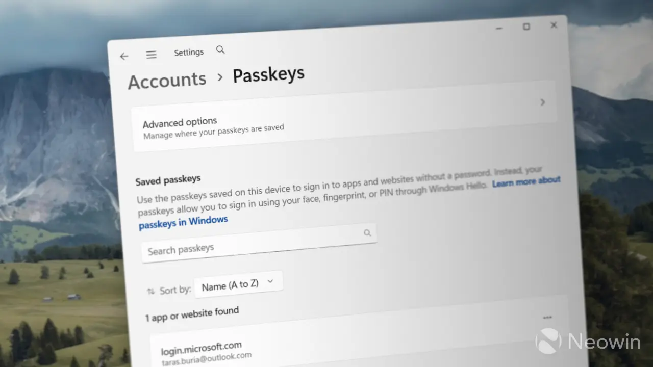 Microsoft passkey authentication on Windows 11 device