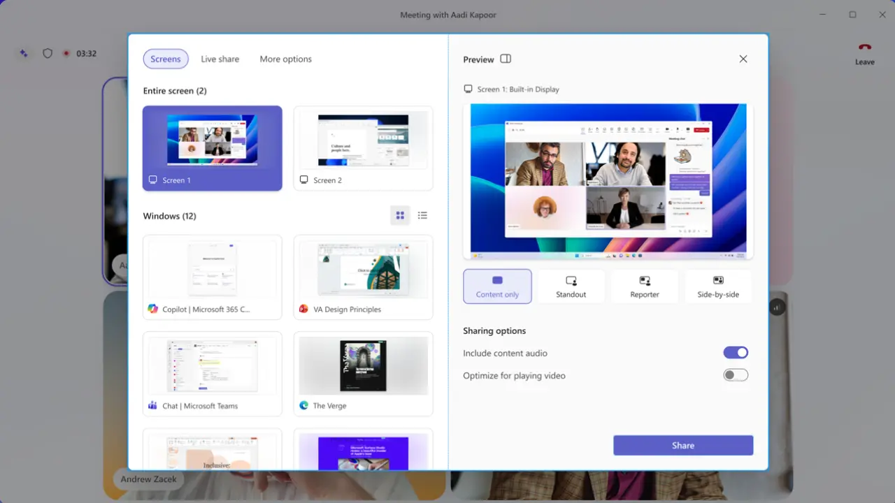 Microsoft Teams toolbar with center-aligned meeting controls and grouped microphone camera share buttons