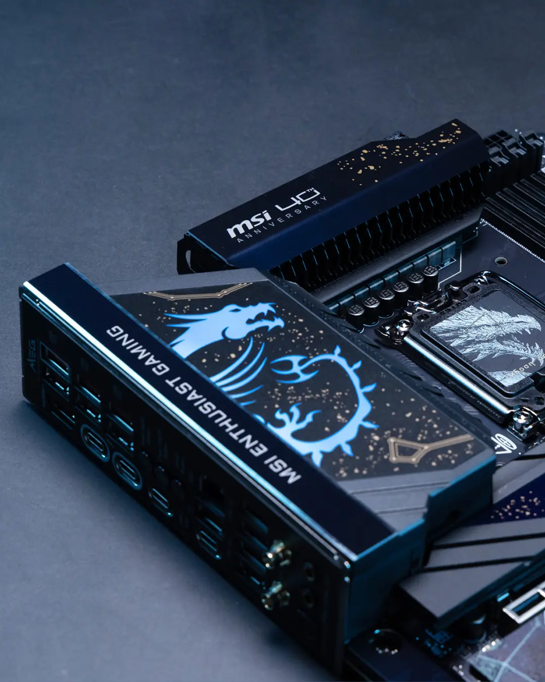 MSI Draco Epic MEG ACE motherboard with blue-black celestial dragon armor design