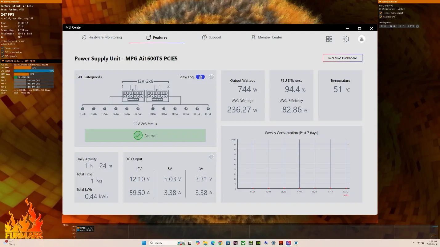 MSI Center and MSI Afterburner software interface showing real-time monitoring of PSU status via USB-C connection to motherboard.