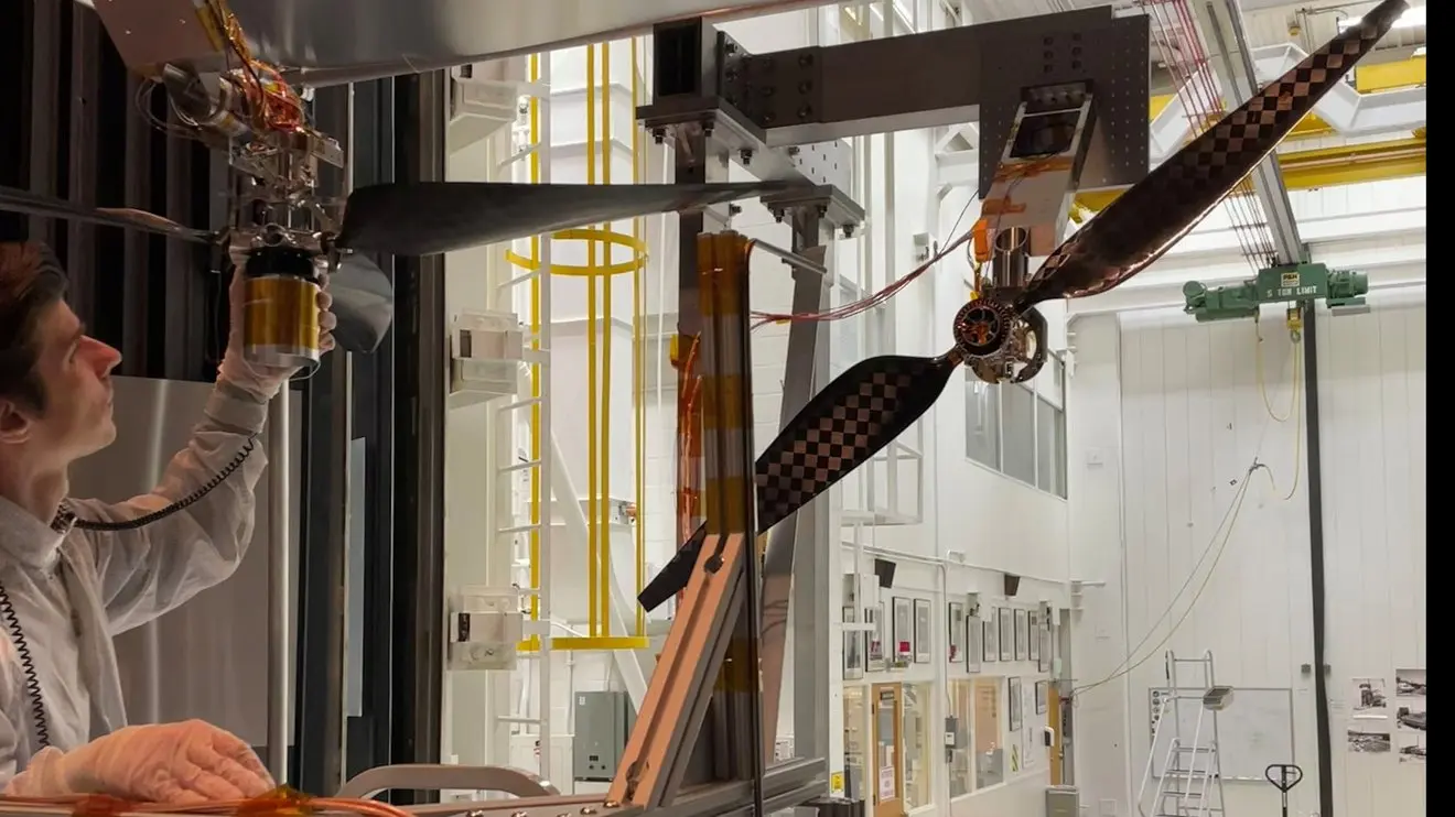 NASA SkyFall rotor system two-bladed rotor test at JPL