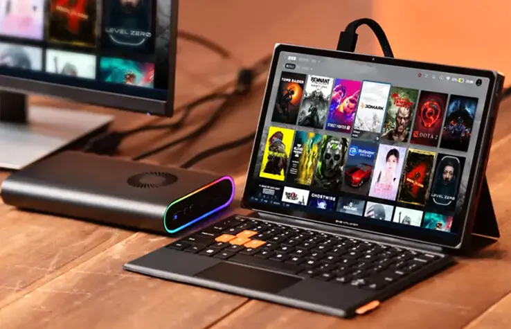 OneXPlayer X1 Pro gaming handheld with AMD Ryzen AI 9 HX 470 APU and OCuLink port for external expansion.