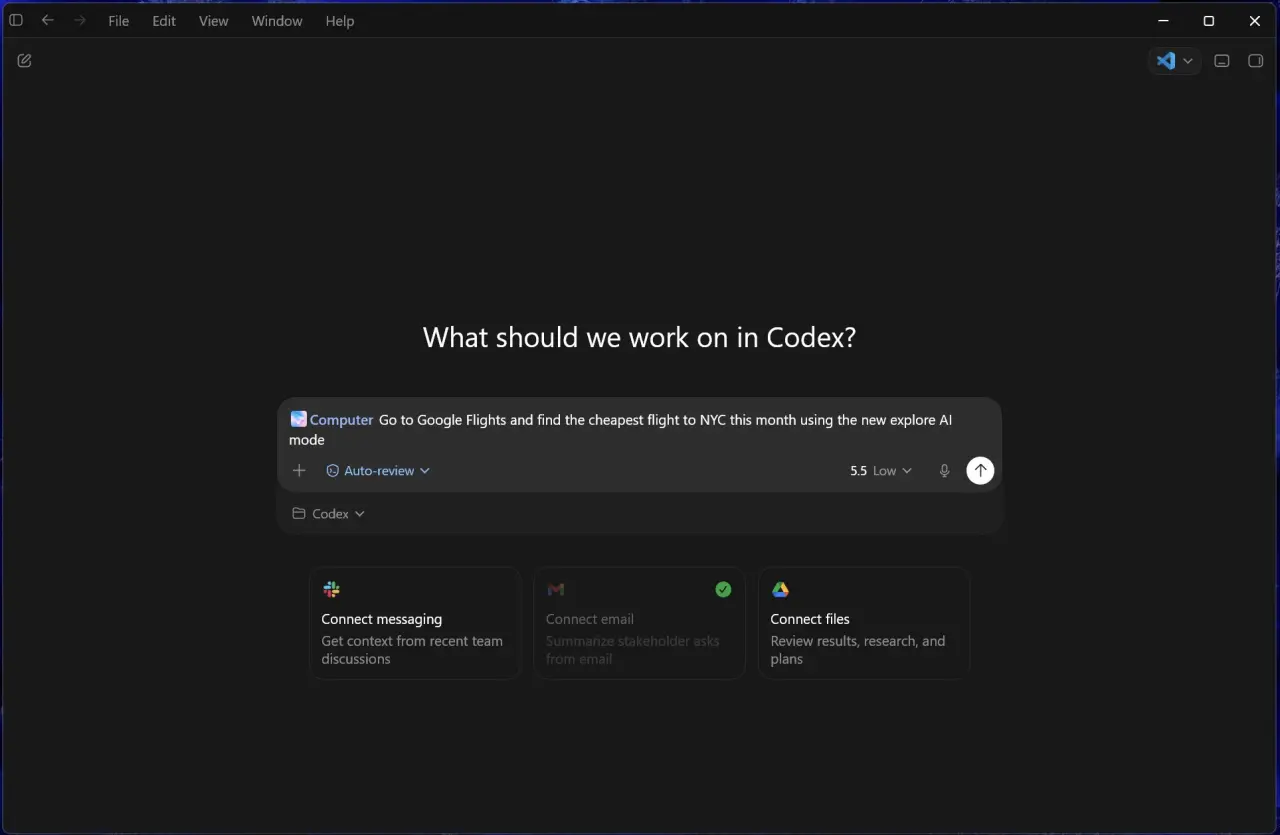 OpenAI Codex app interface on Windows desktop