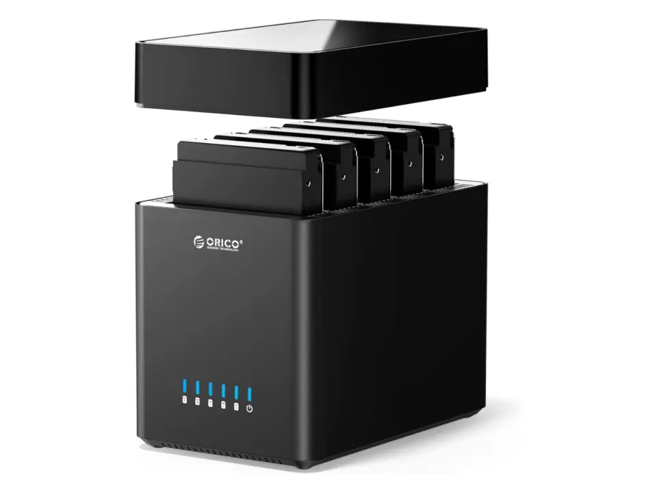 Orico X50PRO 5-bay HDD enclosure with magnetic tool-free cover and UASP support for fast data transfer speeds.