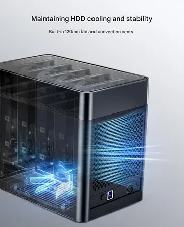 Orico 5-bay enclosure model X50PRO compatible with Windows, Mac and Linux operating systems backed by a 12-month warranty.