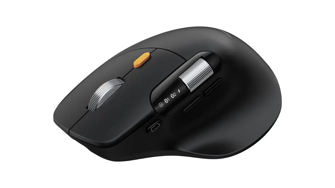 ProtoArc EM25 ergonomic mouse with dual metal scroll wheels and silent click mechanism.