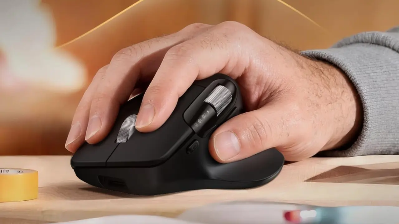 ProtoArc EM25 ergonomic mouse with dual metal scroll wheels and silent click mechanism.
