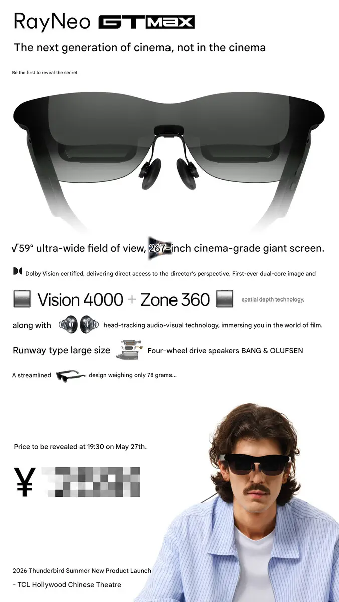 RayNeo GT Max AR glasses with Dolby Vision certification and 59-degree field of view display specs