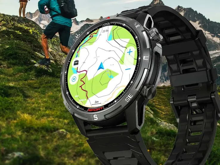 GeoX2 smartwatch with 5 ATM water resistance and built-in LED flashlight for low-light use
