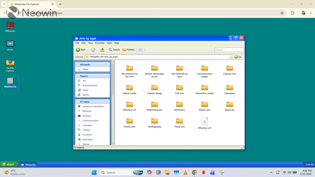 Wikipedia Explorer interface showing a Windows XP-themed desktop with folder and file system metaphors for browsing content.