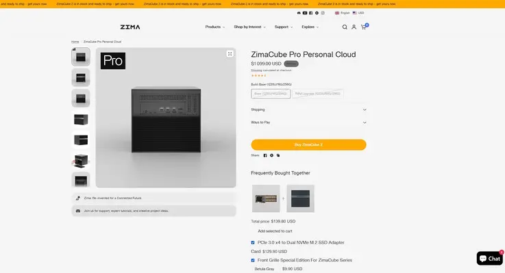 ZimaCube Pro system with 64 GB RAM listed for $374 on fraudulent site versus official price of $1,099