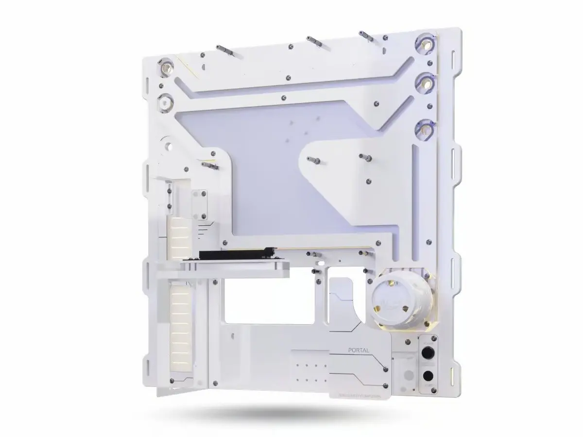 Singularity Computers Portal Wall Mount Water-cooling Case Advanced with vertical GPU and integrated D5 pump reservoir.