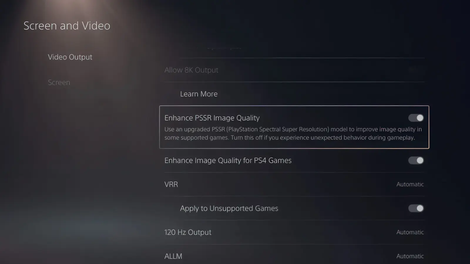 PlayStation Spectral Super Resolution 2.0 system toggle upgrade interface on PS5 Pro console dashboard