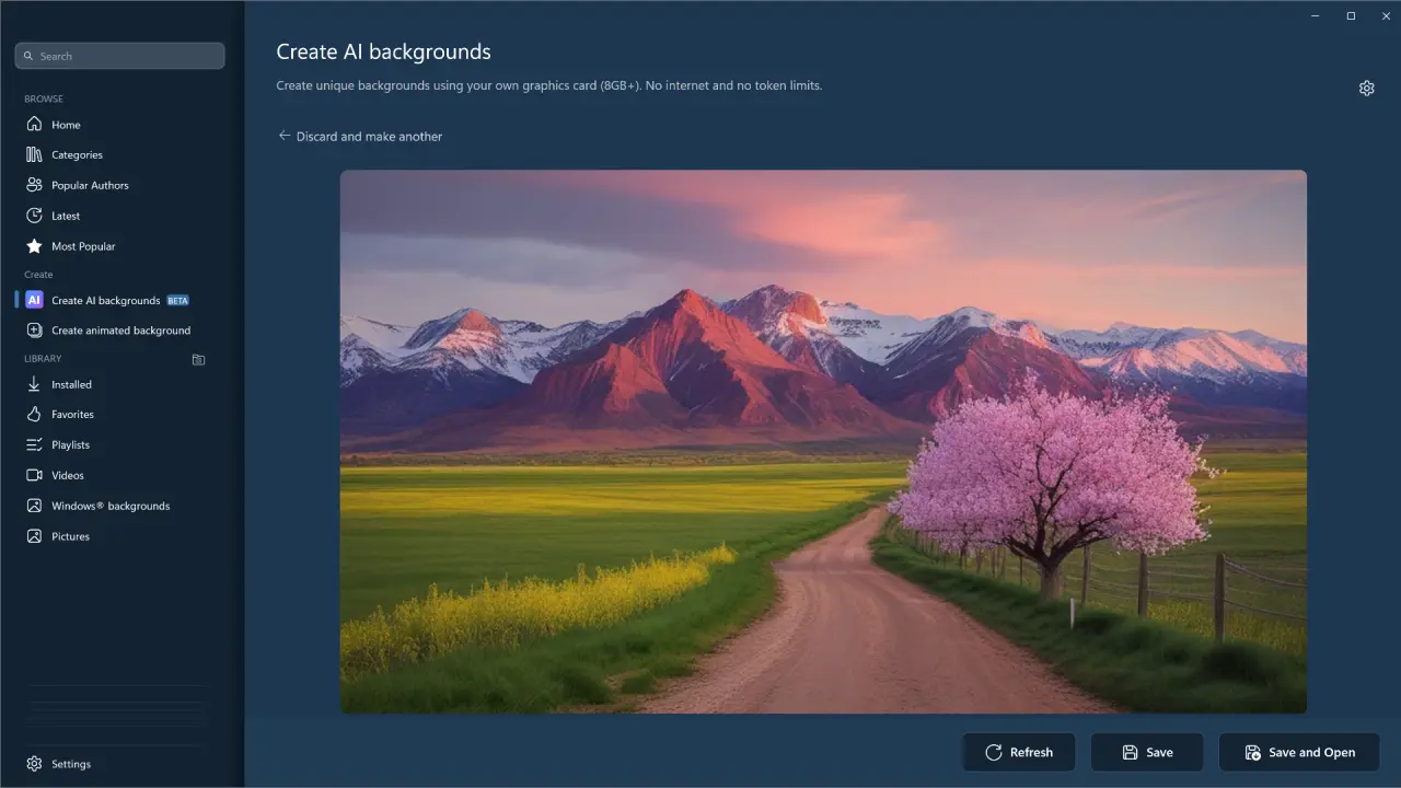 DeskScapes 2026 AI Restyle tool interface for reimagining desktop wallpapers locally on Windows 11 hardware.