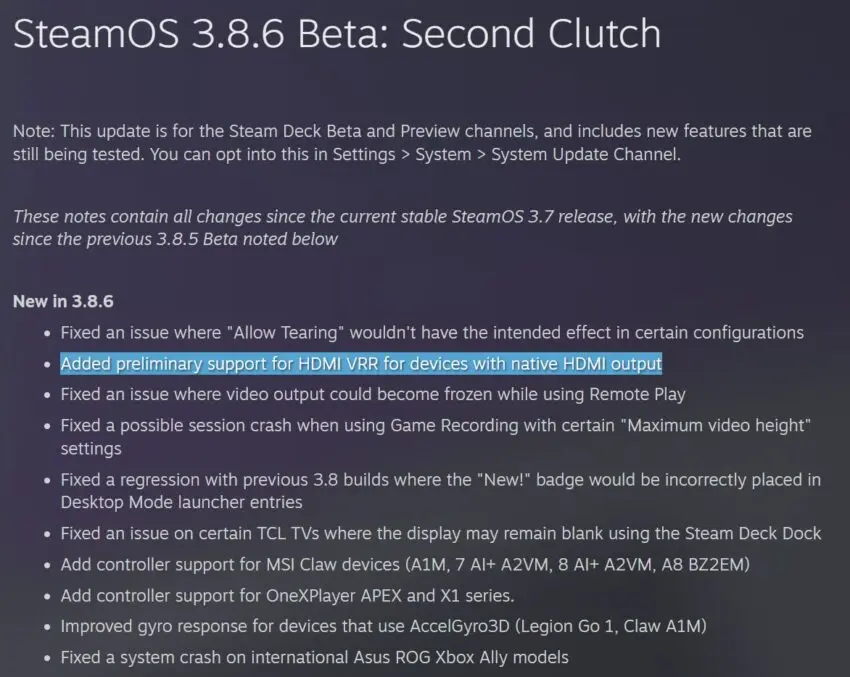 SteamOS 3.8.6 Beta update screen showing display settings