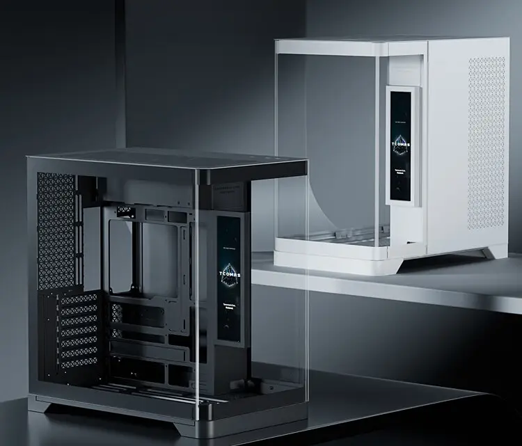 TCOMAS UPG Starship PC case with 9.2-inch magnetic IPS screen and ATX back-plug support.