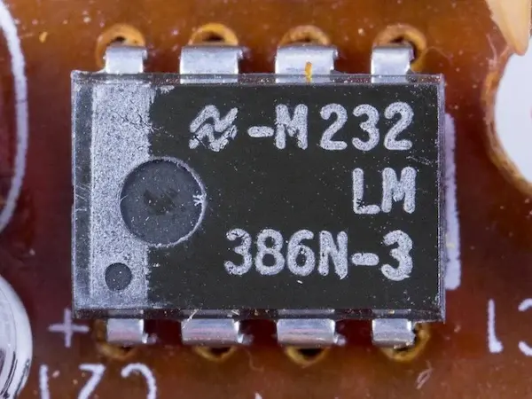 Texas Instruments LM386 audio amplifier chip with Class AB architecture and DIP-8 package