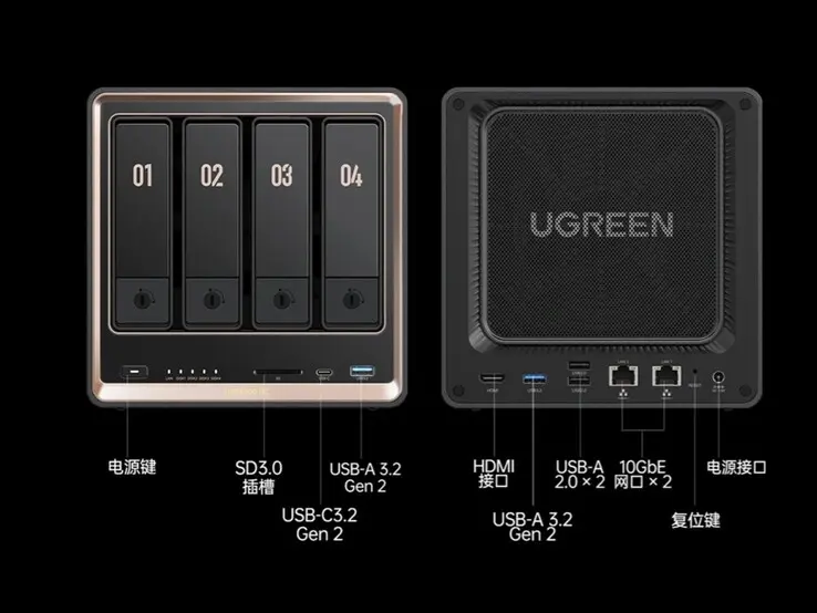 Ugreen DXP4800 GT NAS with dual 10GbE ports and AMD Ryzen processor.