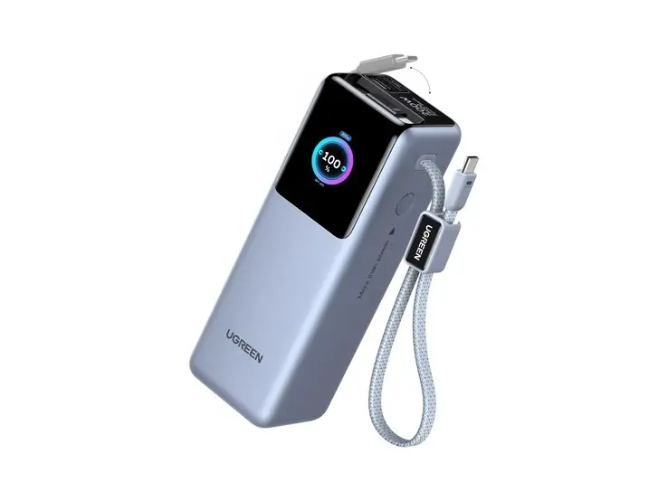 Ugreen 200W Power Bank 25000mAh with retractable USB-C cables and smart display showing power output