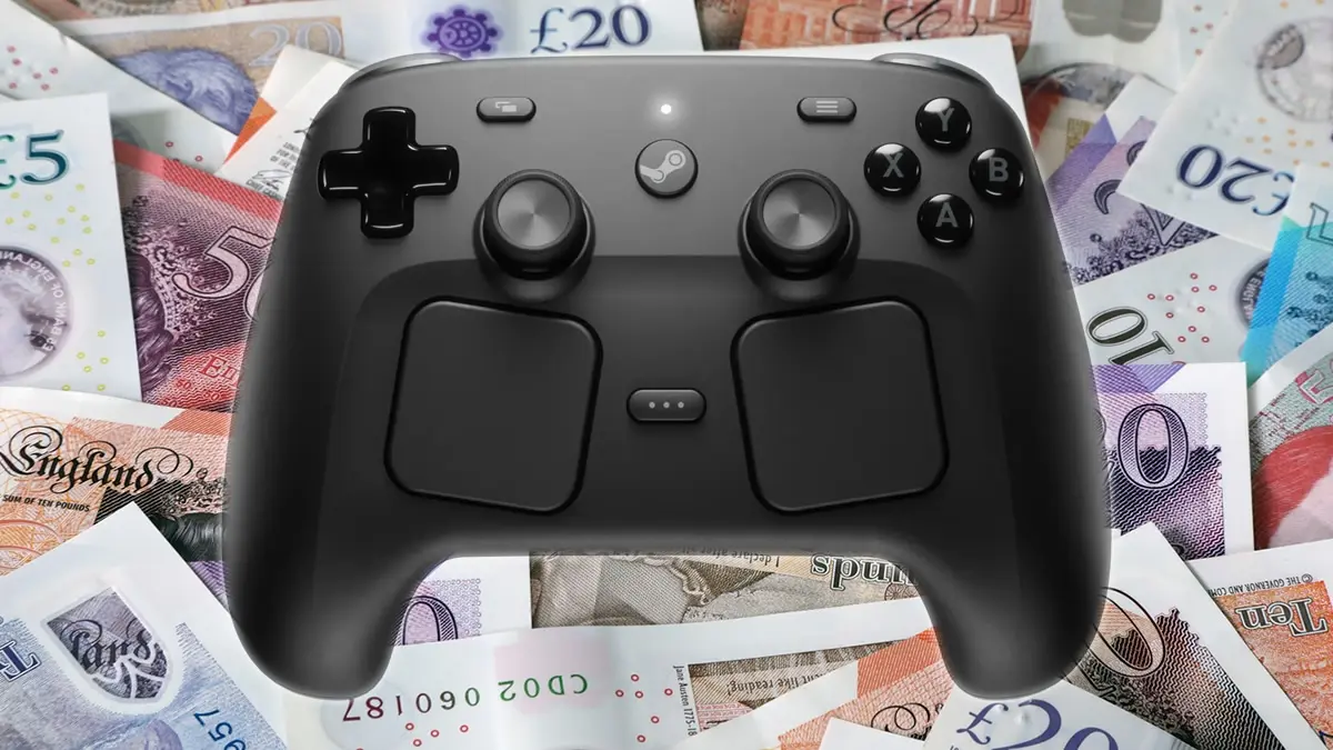 Valve Steam Controller retail box showing 85 GBP UK pricing and 99 USD US pricing