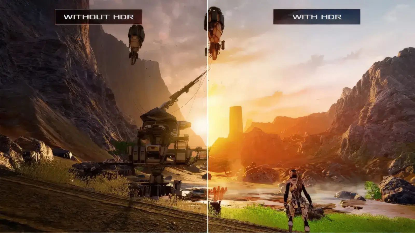 HDR display comparison showing higher peak brightness and wider color gamut.