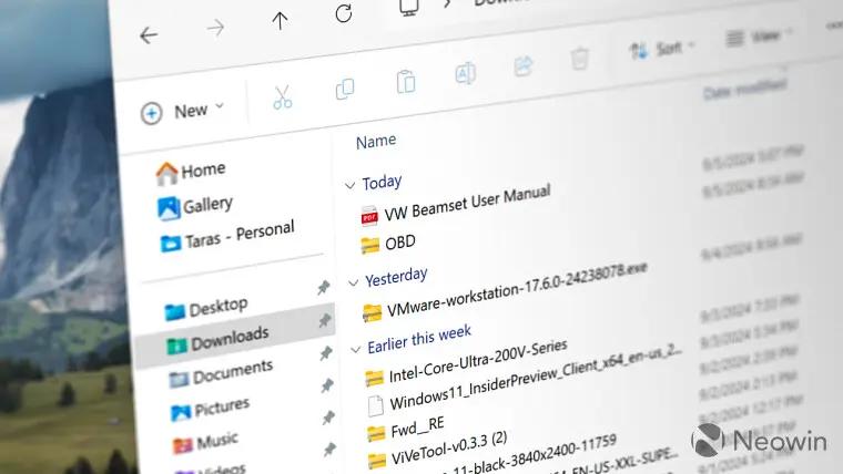 Visual overhaul of Windows 11 File Explorer interface with transparency effects and updated icons.