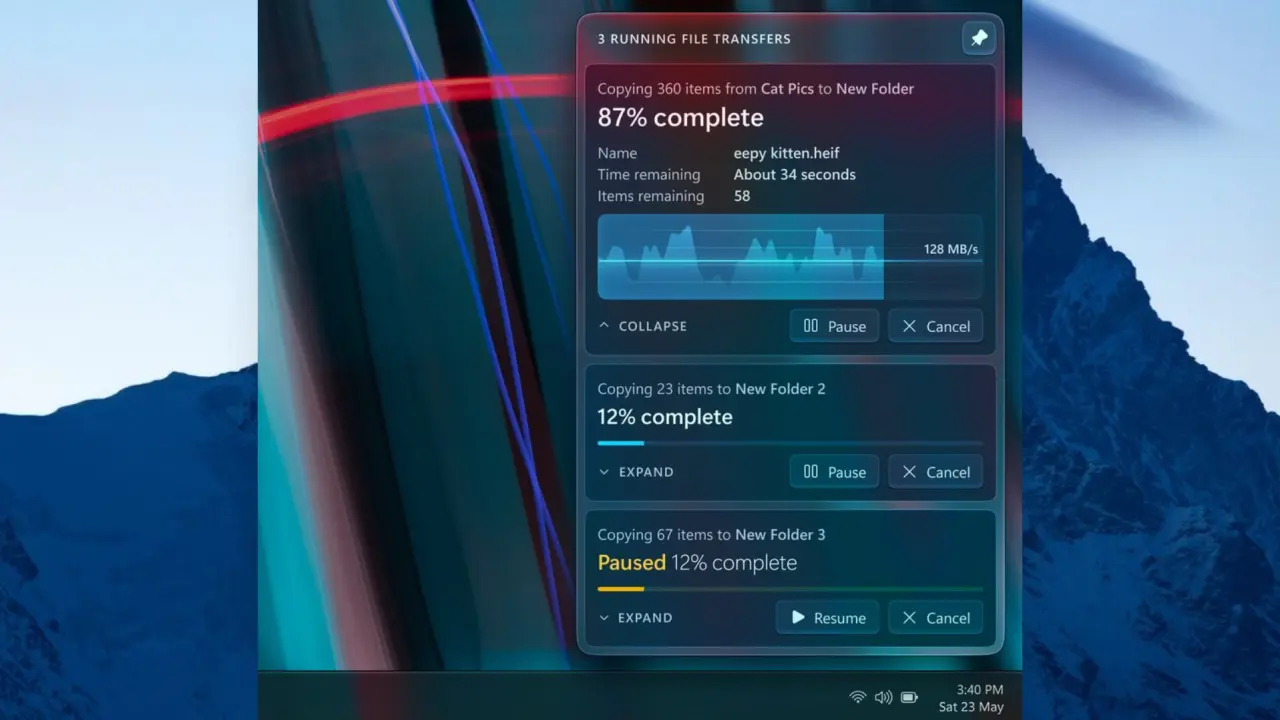 Concept design showing File Explorer bottom panel for multi-folder item selection.
