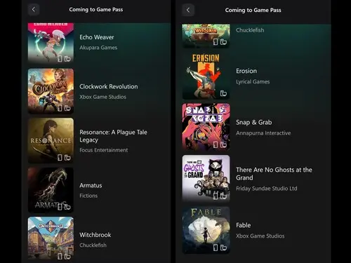 Xbox Game Pass app interface showing coming soon tab with unannounced titles