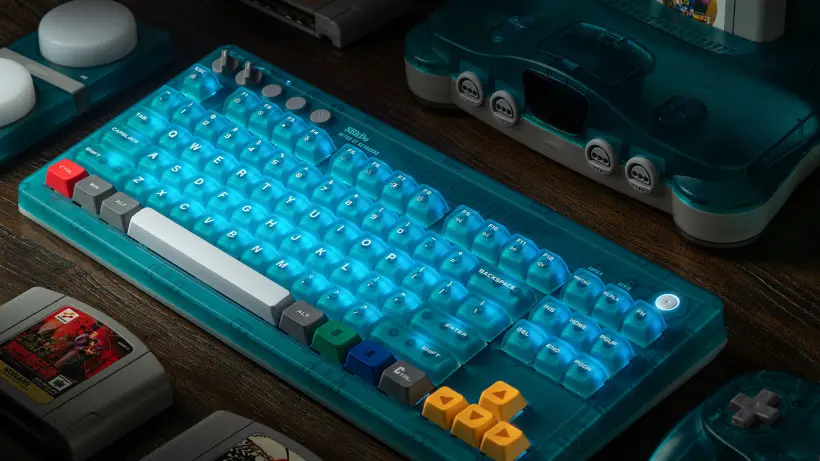 8BitDo Water Blue Transparent keyboard and Ultimate 2 controller on a desk
