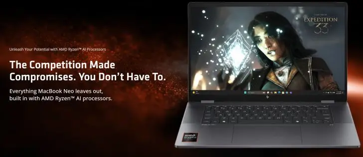 AMD marketing materials comparing Ryzen laptops to MacBook Neo