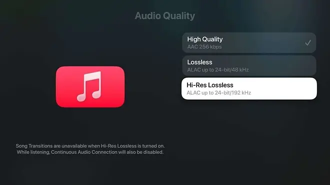 Apple Music high-resolution lossless audio settings screen