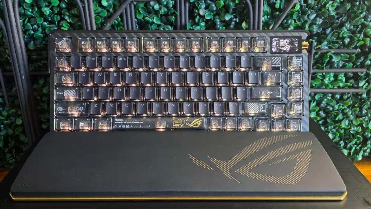 Asus ROG Azoth Extreme Edition 20 keyboard with gold accents and carbon fiber