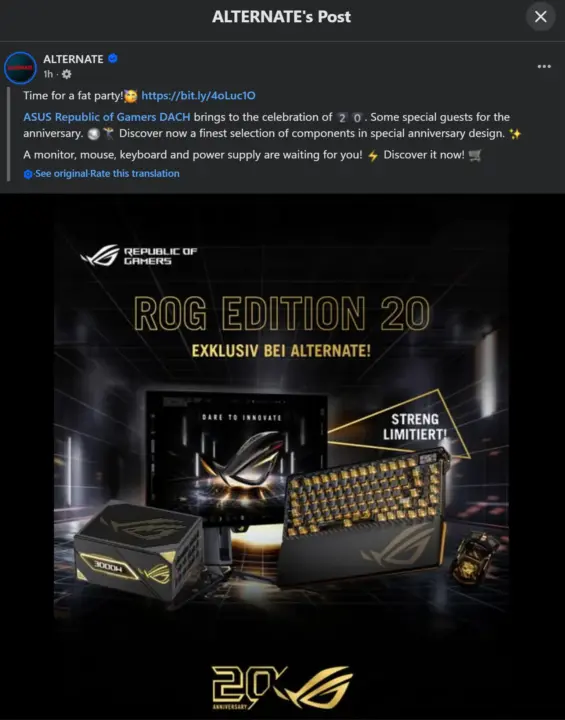 ASUS ROG Edition 20 lineup hits German stores with €999 PSU