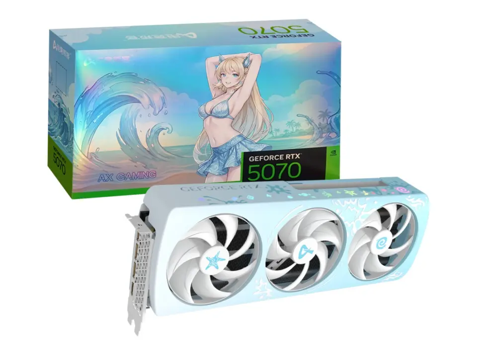 AX GAMING GeForce RTX 5070 Summer Limited Edition graphics card with white-to-light-blue gradient finish