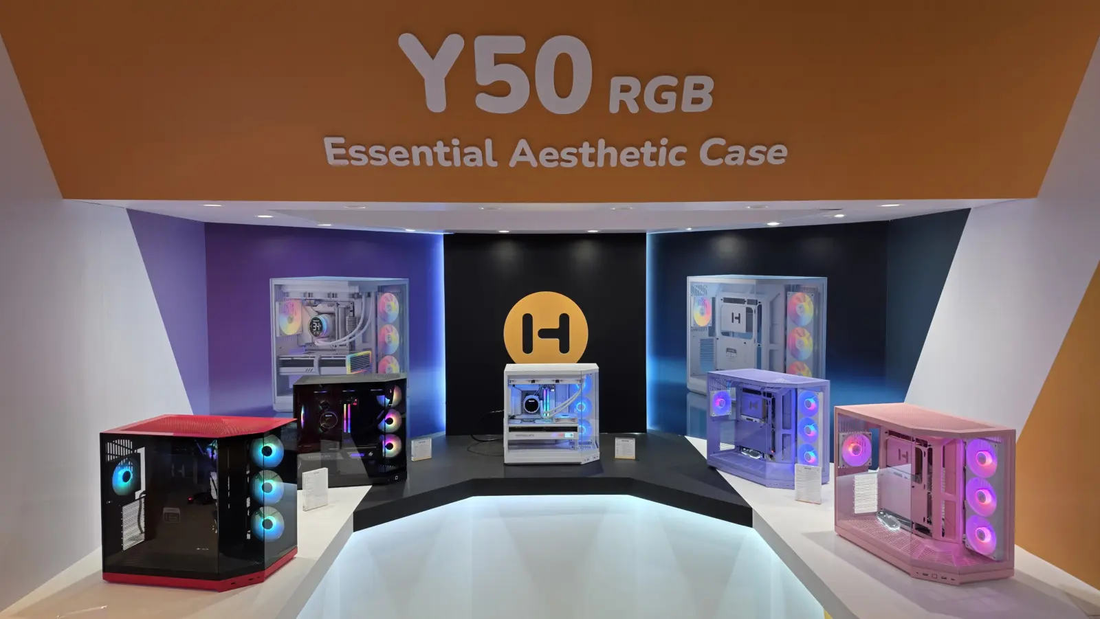 Hyte Y50 chassis and Gigabyte X870E Infinity Next motherboard displayed at Computex 2026