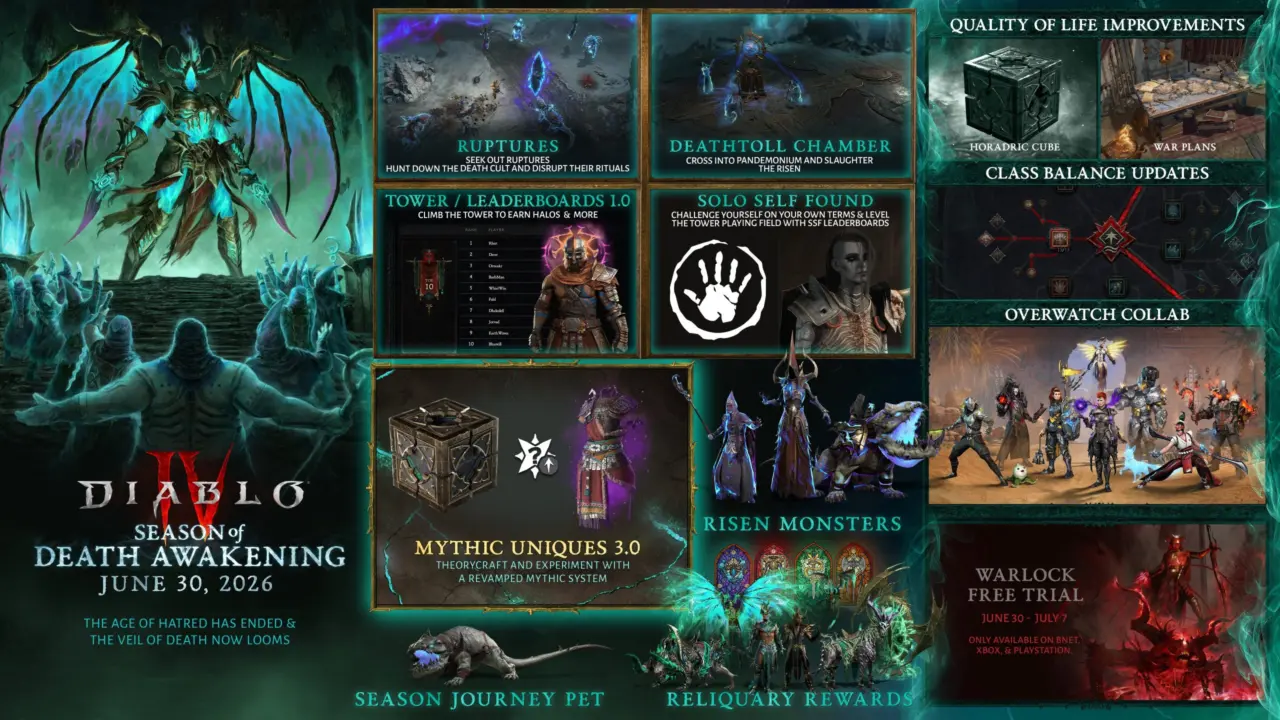 Diablo IV Season 14 Launches June 30 with Free Warlock Trial