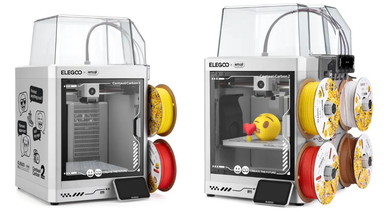 Elegoo Centauri Carbon 2 Emoji Edition 3D printer with silver chassis and emoji graphics