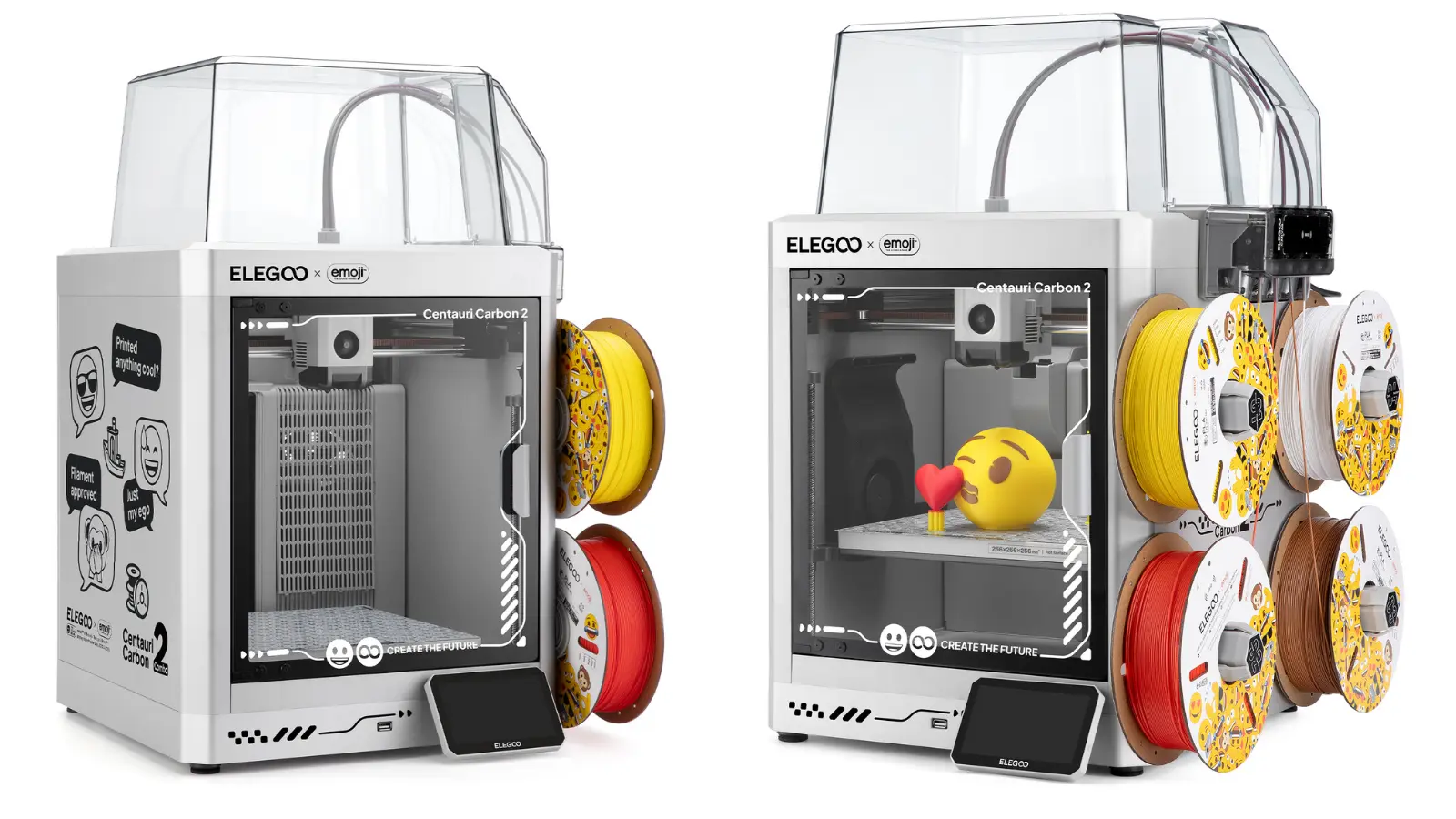 Elegoo Centauri Carbon 2 Emoji Edition 3D printer with silver chassis and emoji graphics