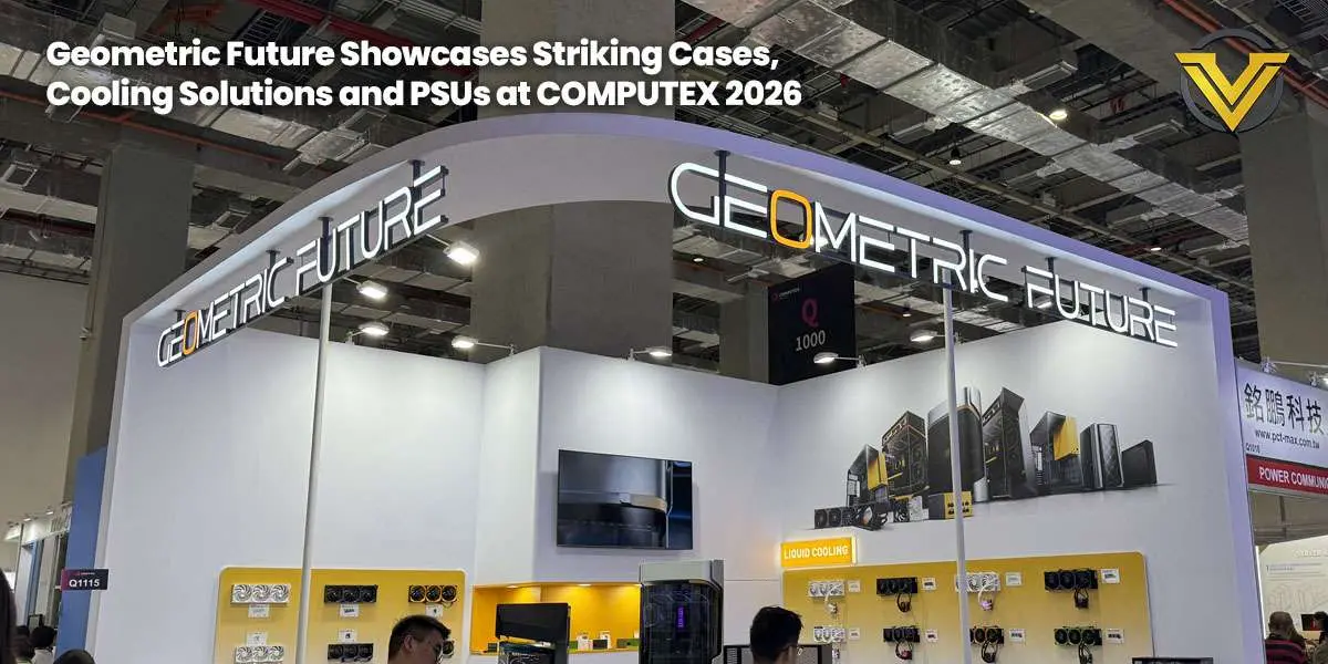 Geometric Future Model 9 ultra-tower chassis with curved glass panel and dedicated top chamber for radiators.