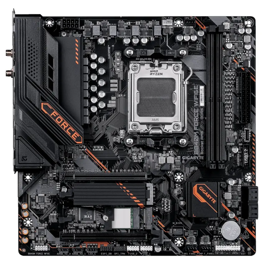 GIGABYTE B840M FORCE WIFI6E motherboard with orange accents