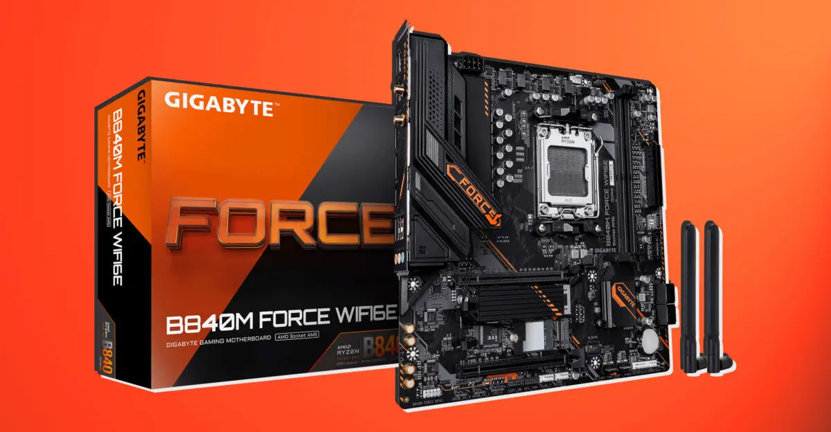 GIGABYTE B840M FORCE WIFI6E motherboard with orange accents