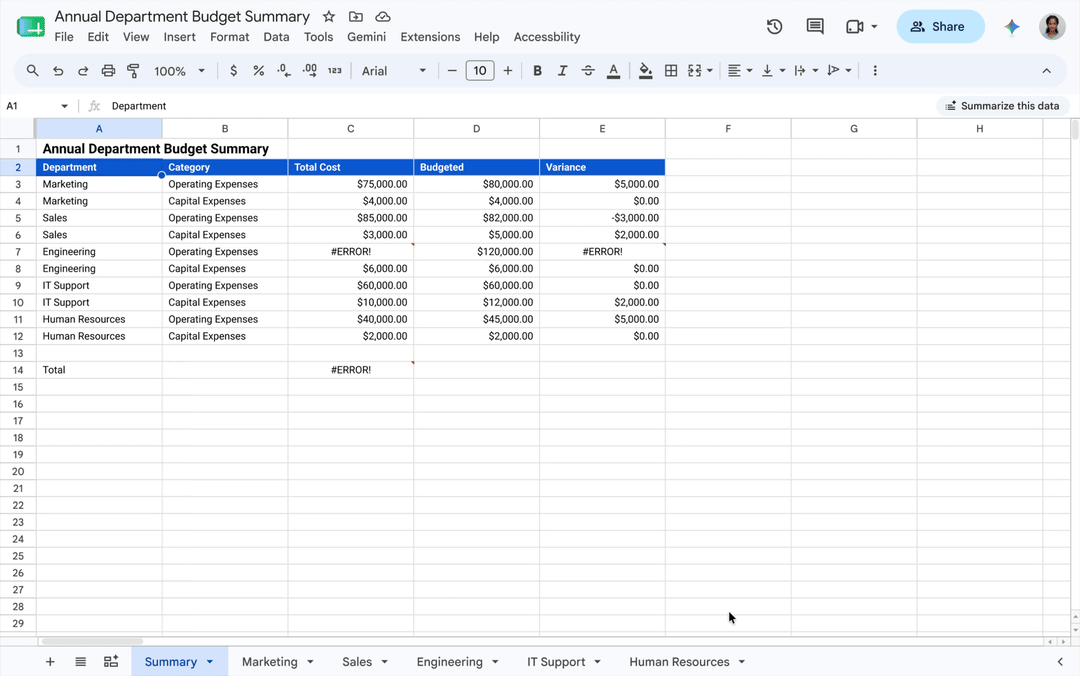 Google Sheets interface showing Gemini AI formula debugging