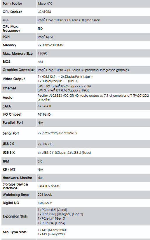 Leaked specification sheet for the Intel Q970 motherboard showing socket and chipset details