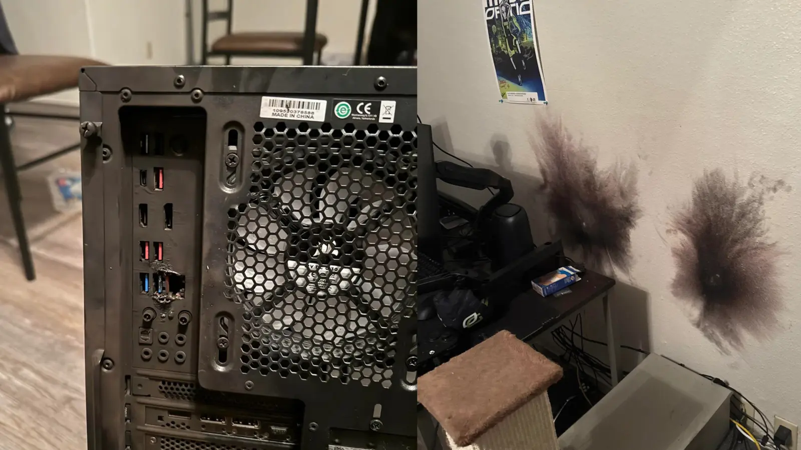 Damaged desktop computer motherboard with burn marks around the Ethernet port