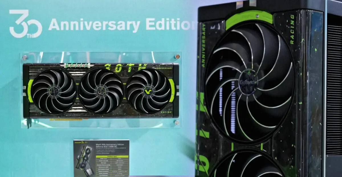 MANLI GeForce RTX 5080 30th Anniversary Edition graphics card with forged carbon fiber shroud