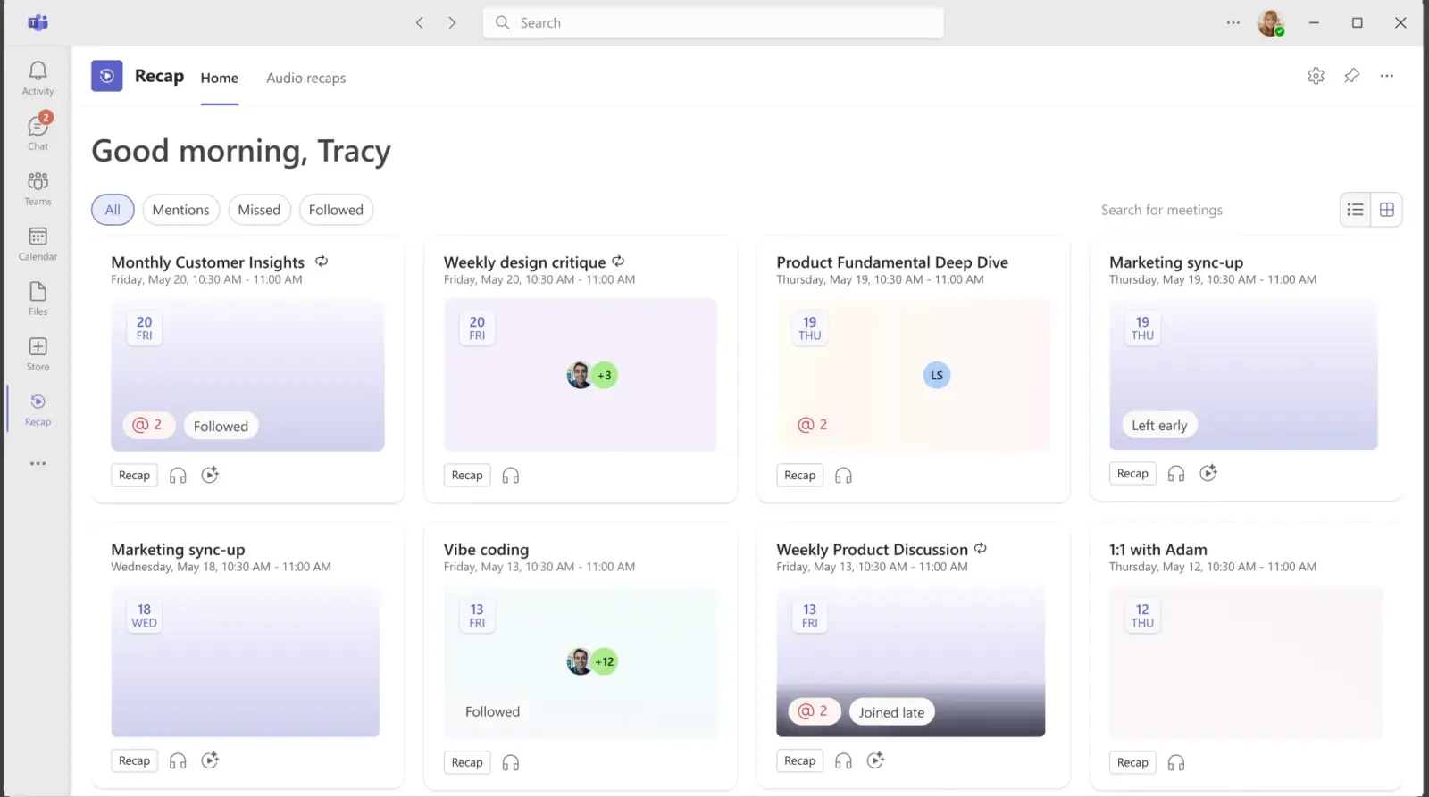Microsoft Teams interface showing the new Recap app layout